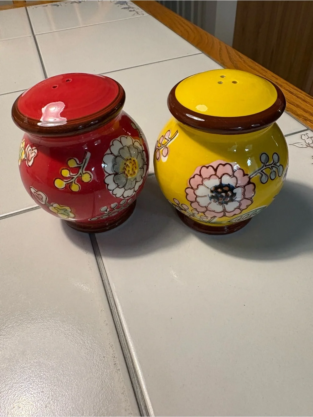 Pier 1 Hand-Painted Yellow and Red Floral Salt & Pepper Shakers